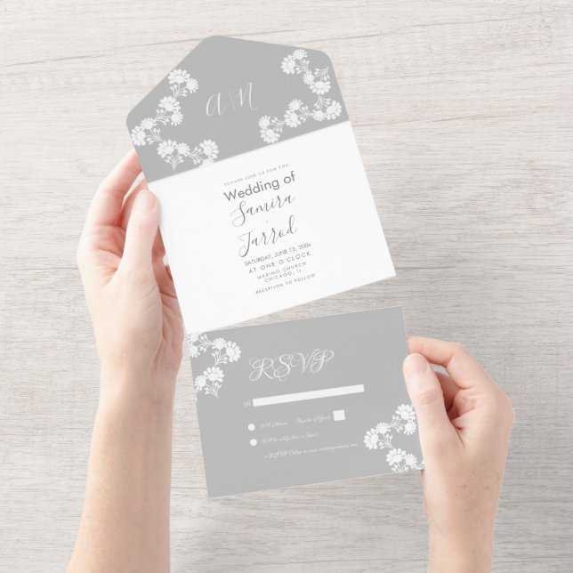 Convite de Casamento Floral Cinza Branco  (Tearaway)