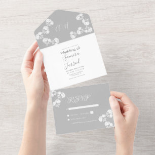 Convite de Casamento Floral Cinza Branco 