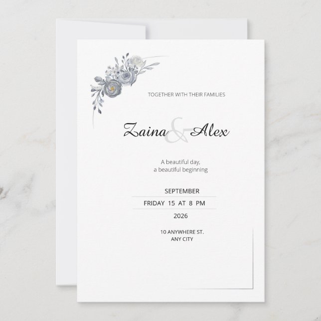 Convite de Casamento Floral Cinza Elegante (Frente)