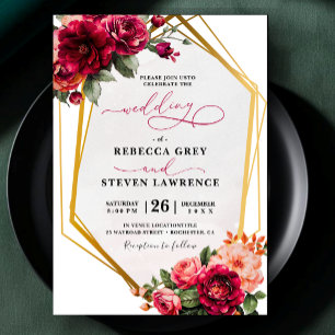 Convite de casamento floral cinza vermelho chique