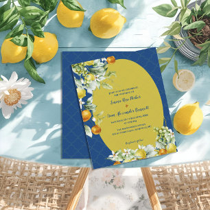 Convite de Casamento Floral Cítrico Azul Elegante
