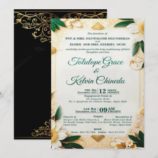 Convite de Casamento Floral Clássico Dourado e Ver