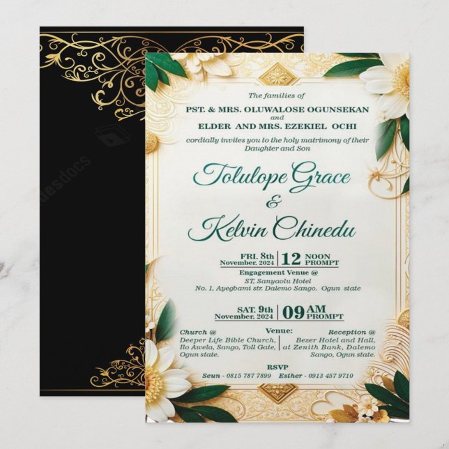 Convite de Casamento Floral Clássico Dourado e Ver (Frente/Verso)