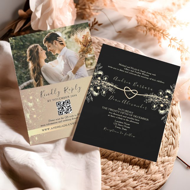 Convite de Casamento Floral Código QR Black Gold (Criador carregado)