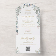 Convite de Casamento Floral Código QR Dourado Flor