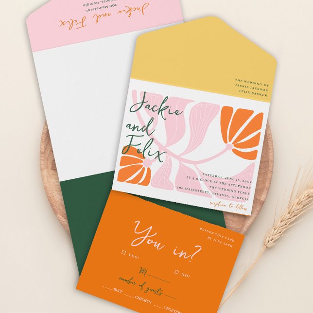Convite de Casamento Floral Colorido Boho Chic Ret (Boho Chic Retro Colorful Floral Wedding Invitation)