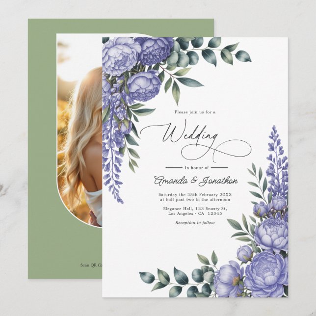 Convite de Casamento Floral com Aquarela de Lavand (Frente/Verso)