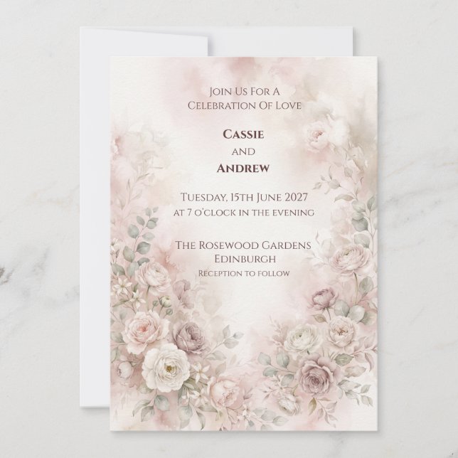Convite de Casamento Floral com Aquarela de Rosa C (Frente)