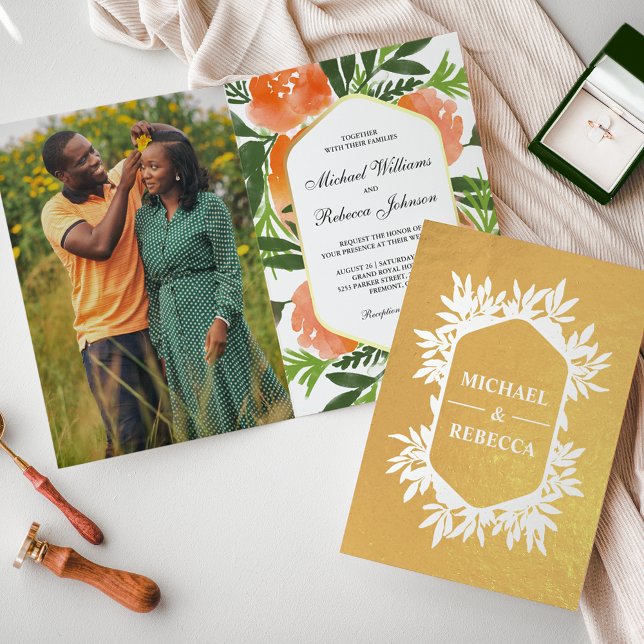 Convite de Casamento Floral com Aquarela Laranja e (Criador carregado)