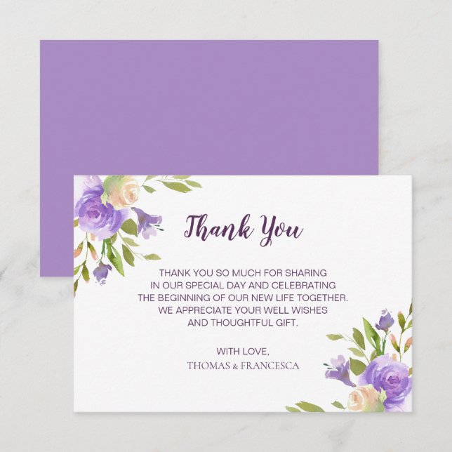 Convite de Casamento Floral com Aquarela Lilás (Frente/Verso)