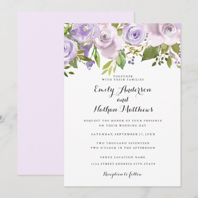 Convite de Casamento Floral com Aquarela Lilás Rox (Frente/Verso)