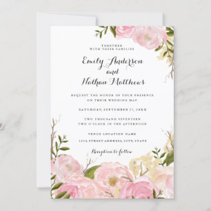 Convite de Casamento Floral com Aquarela Rosa