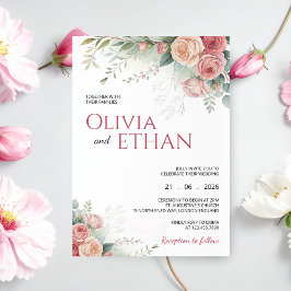 Convite de Casamento Floral com Aquarela Rosa Blus