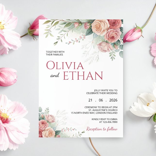 Convite de Casamento Floral com Aquarela Rosa Blus (Criador carregado)