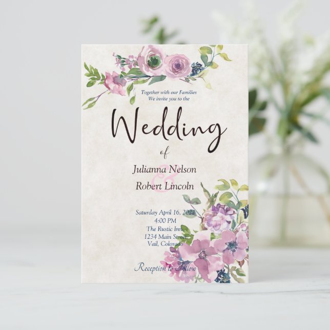 Convite de casamento floral com aquarela roxa (Em pé/Frente)