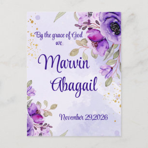 Convite de Casamento Floral com Aquarela Roxa Azul