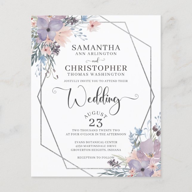 Convite de Casamento Floral com Aquarela Roxa Econ (Frente)