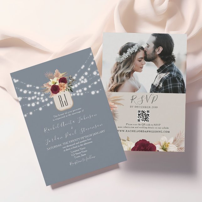Convite de Casamento Floral com Código QR Azul Emp (Criador carregado)