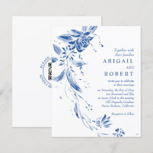 Convite de casamento floral com código QR azul ORÇ