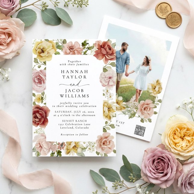 Convite de Casamento Floral com Código QR de Foto  (Criador carregado)