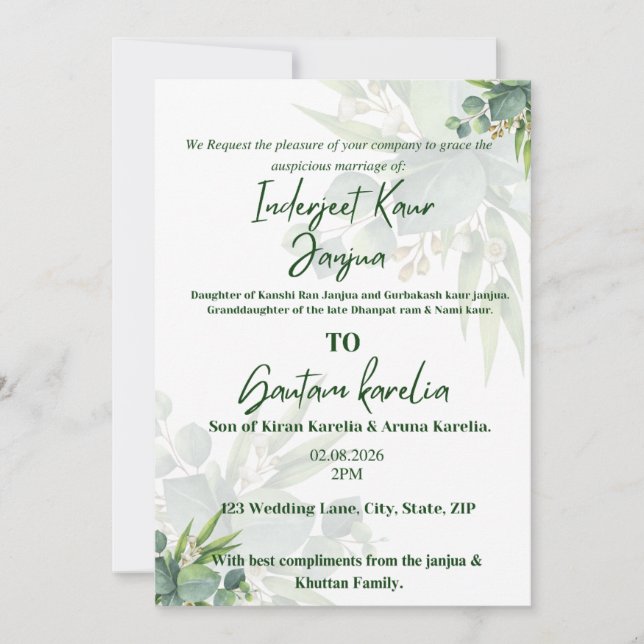 Convite de Casamento Floral com Elegante Folhagem (Frente)