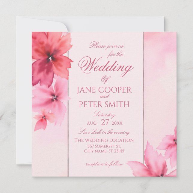 Convite de Casamento floral com flores rosa e verm (Frente)