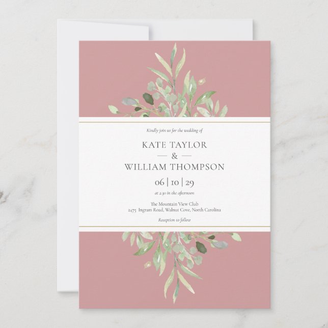 Convite de Casamento Floral com Folhagem em Rosa E (Frente)
