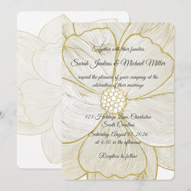 Convite de Casamento Floral com Linha Dourada Eleg (Frente/Verso)