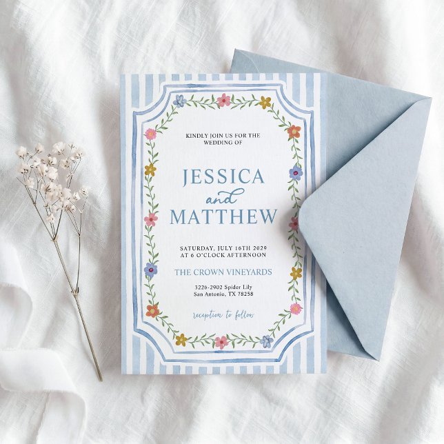 Convite de Casamento Floral com Listras Azuis (Criador carregado)