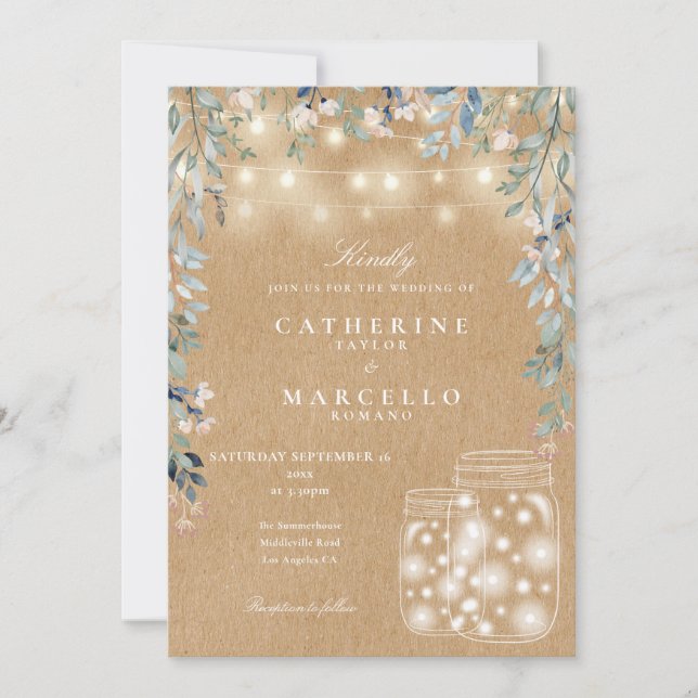 Convite de Casamento Floral com Luzes de Corda em  (Frente)