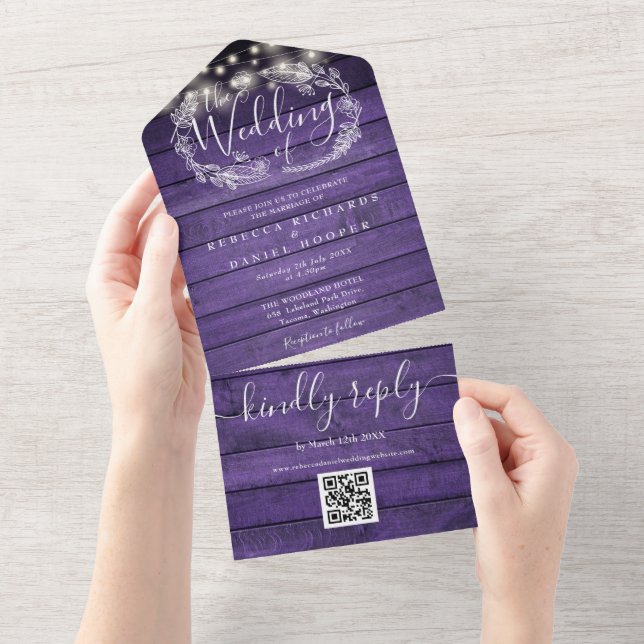 Convite de Casamento Floral com Luzes de Corda em  (Aba destacável)