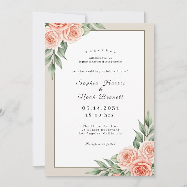 Convite de Casamento Floral com Moldura Dourada Mi (Frente)