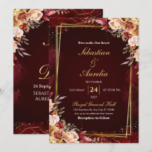 Convite de Casamento Floral com Moldura em Vermelh