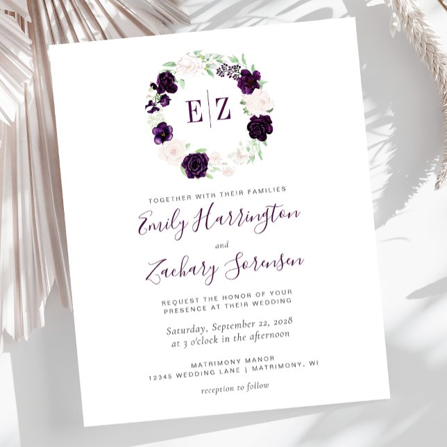 Convite de Casamento Floral com Monograma Roxo Bud (Criador carregado)