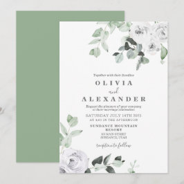 Convite de casamento floral com rosas brancas e fo