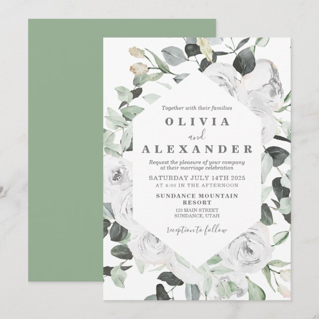 Convite de casamento floral com rosas brancas e fo (Frente/Verso)