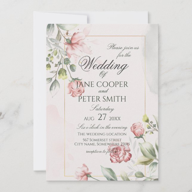 Convite de Casamento floral com Rosas Pink (Frente)
