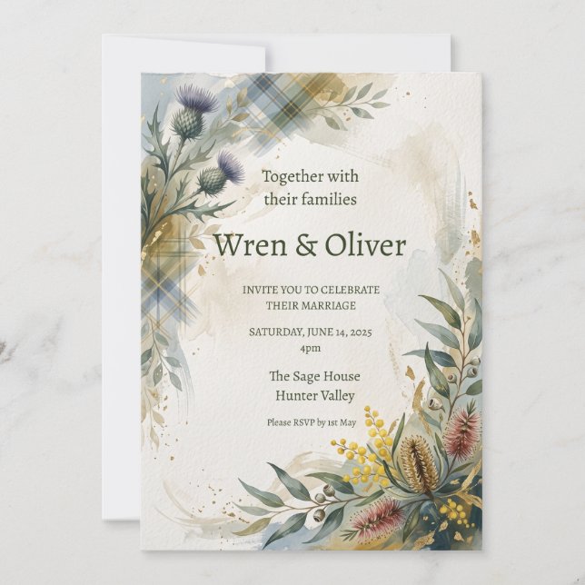 Convite de Casamento Floral com Tartã Escocesa e C (Frente)