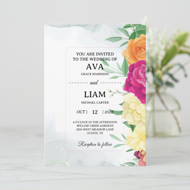 Convite de Casamento Floral com Texto Modernos em  (Em pé/Frente)