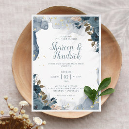 Convite de Casamento Floral com Tinta Alcoólica Az