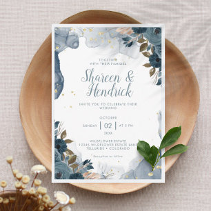Convite de Casamento Floral com Tinta Alcoólica Az