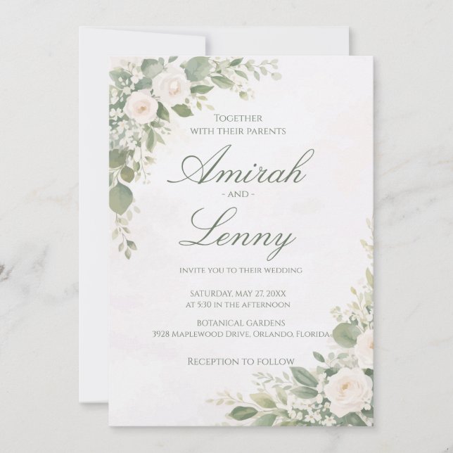 Convite de Casamento Floral com Verdura ao Fundo (Frente)