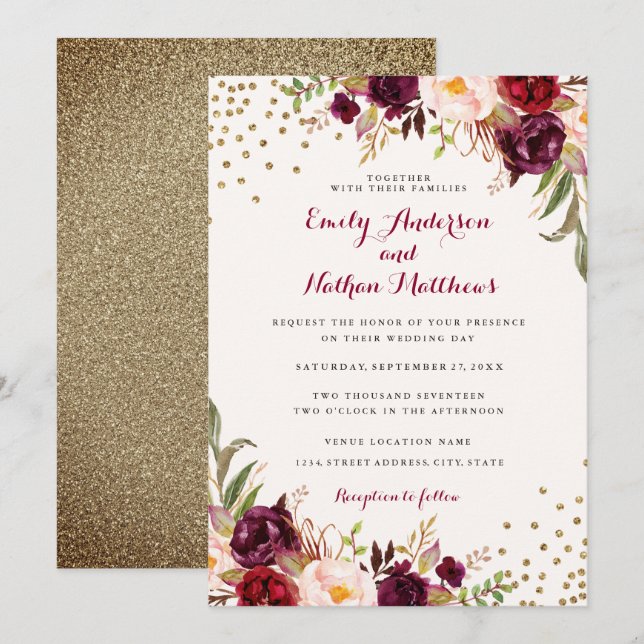 Convite de Casamento Floral Confete Borgonha (Frente/Verso)