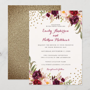 Convite de Casamento Floral Confete Borgonha