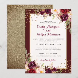 Convite de Casamento Floral Confete Dourado Borgon