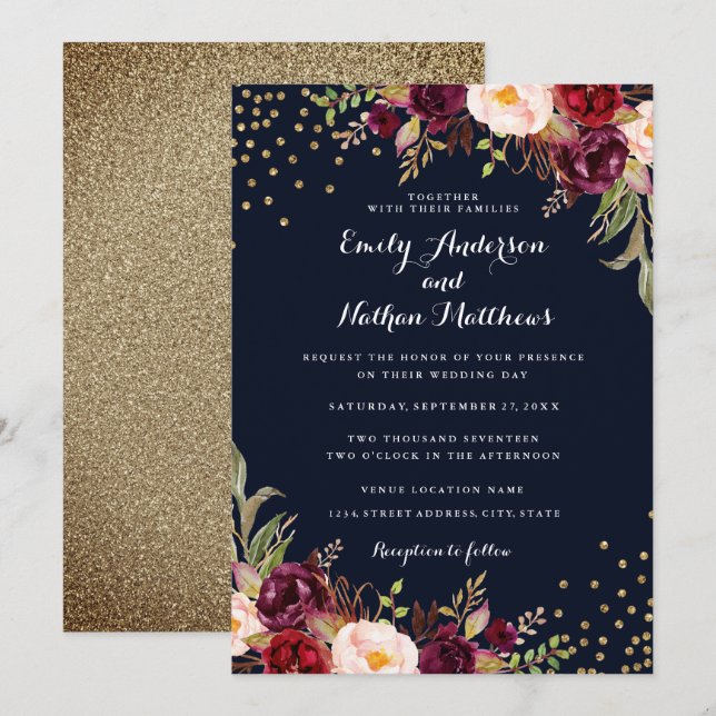 Convite de Casamento Floral Confete Dourado Borgon (Frente/Verso)