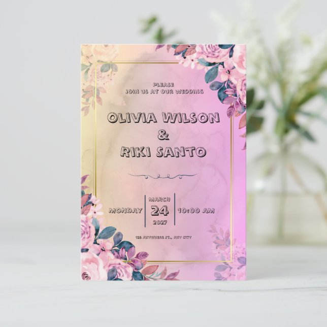 convite de casamento floral cor-de-rosa (Em pé/Frente)