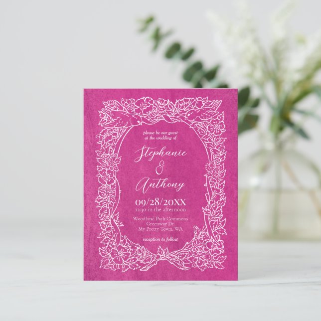 Convite De Casamento Floral Cor-De-Rosa Brilhante  (Em pé/Frente)