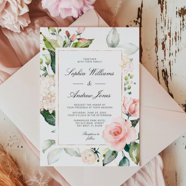 Convite De Casamento Floral Cor-De-Rosa Esbranquiç (Criador carregado)