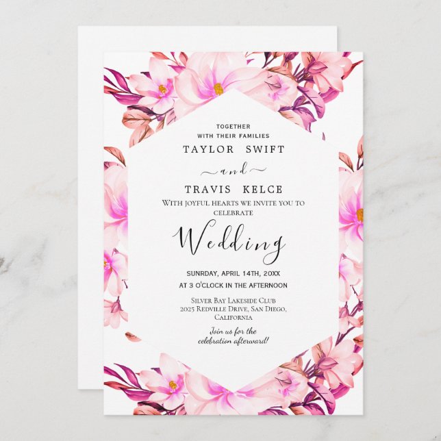 Convite De Casamento Floral Cor-De-Rosa Esbranquiç (Frente/Verso)